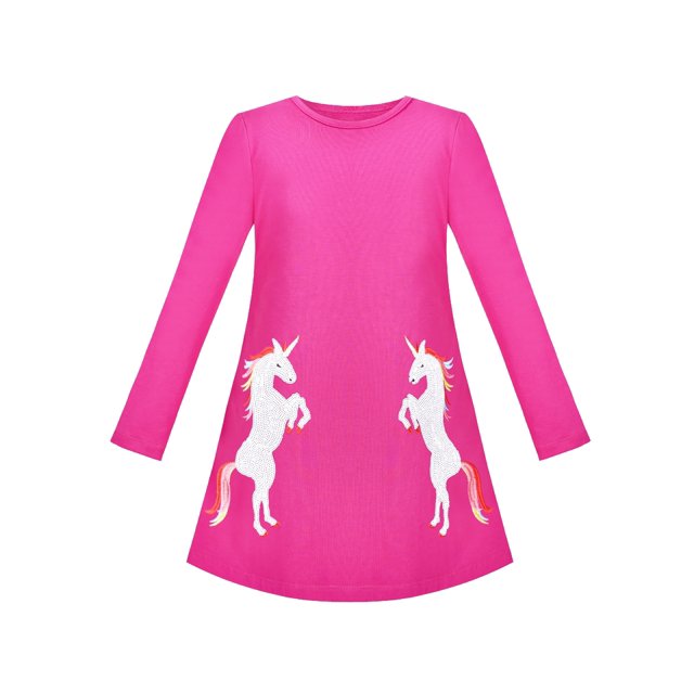 Girls Dress Fuchsia Rose Unicorn Sequin Embroidered Long Sleeve 8 Years