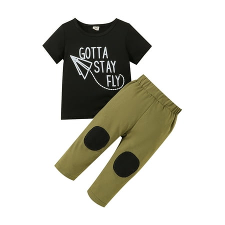 

Liliz Infant Baby Boys Suit Black Short Sleeve Paper Airplane Letter Printed Tops+Patchwork Long Pants