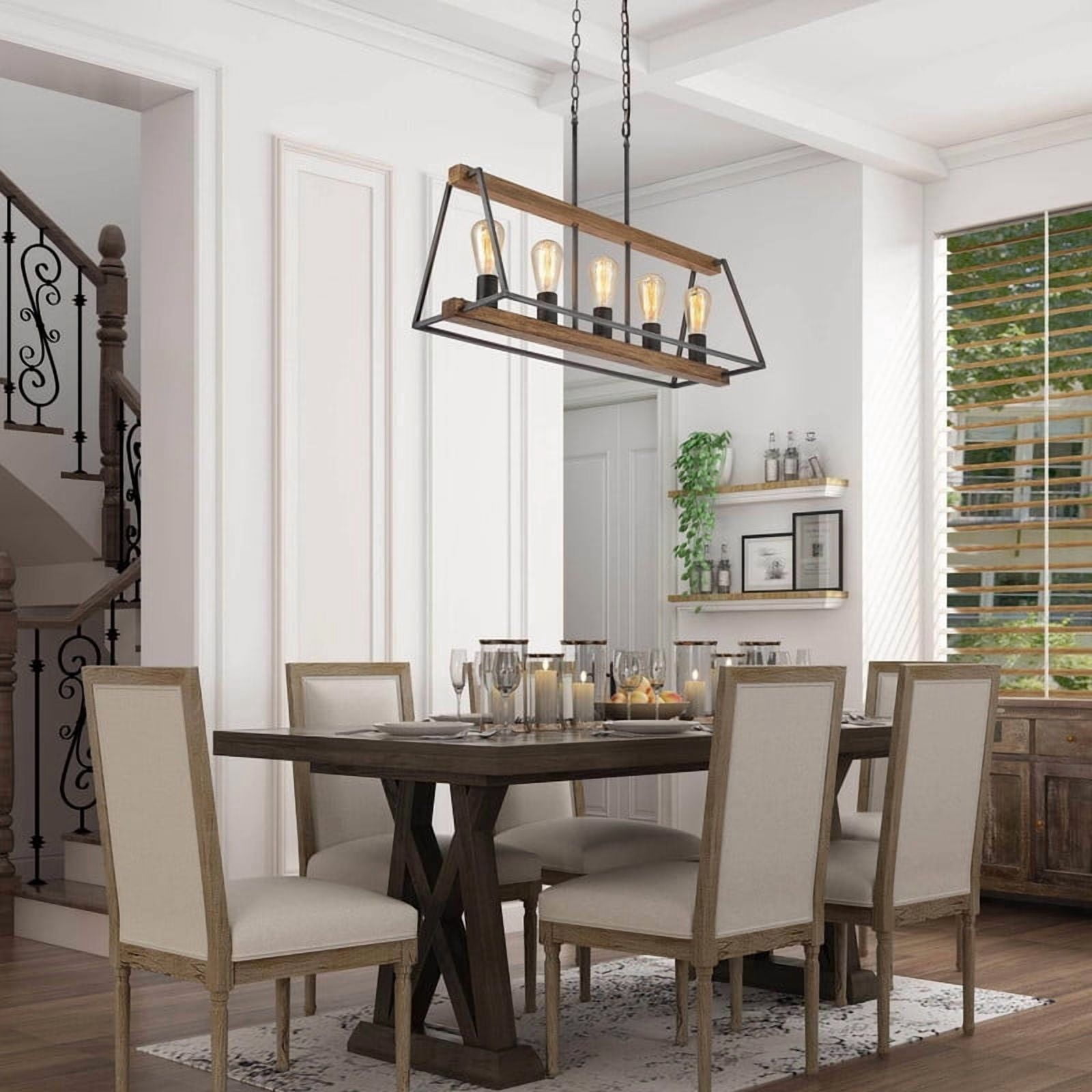 LNC Musleisynin 5-Light Linear Island Light with Faux Wood Accents and Brushed Silver Frame