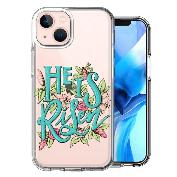 MUNDAZE for Apple iPhone 13 Mini He Is Risen Text Easter Jesus Christian Flowers Double Layer Phone Case Cover