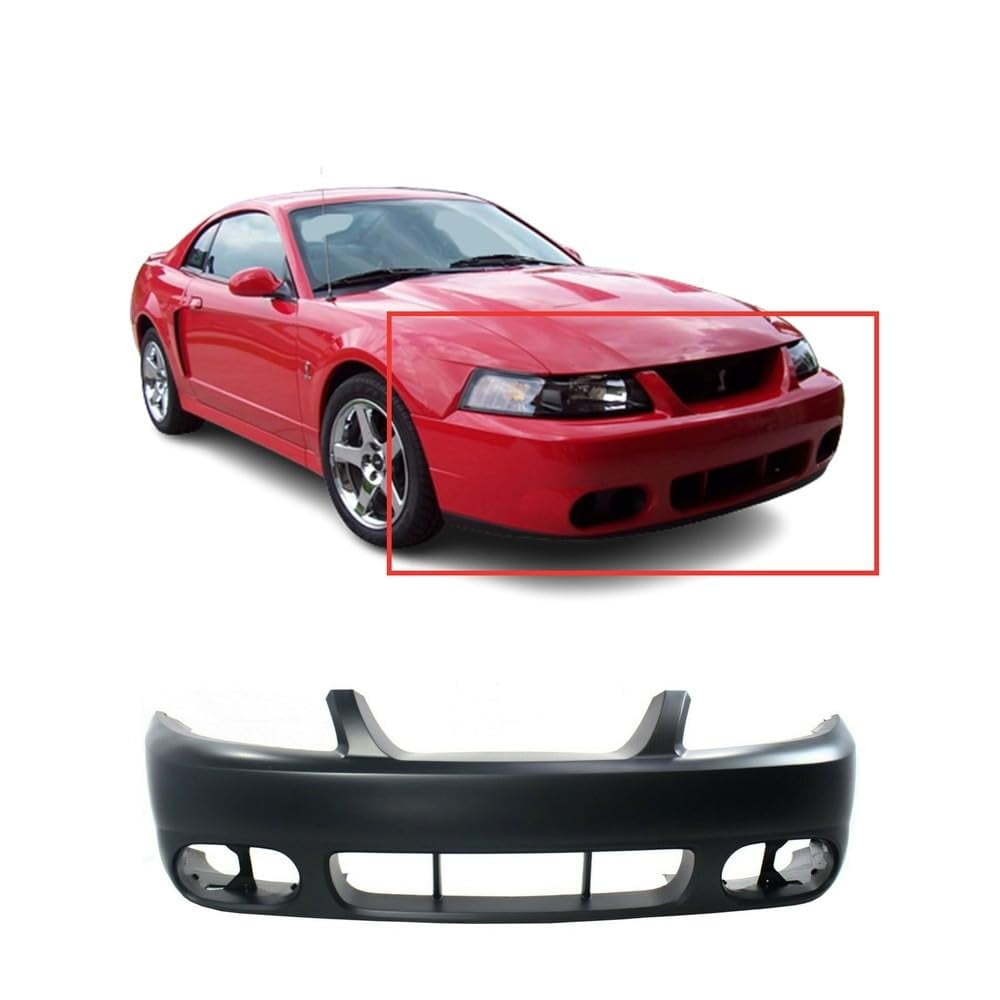 Suitable for Front Bumper Cover for 2003-2004 Ford Mustang SVT Cobra Convertible & Coupe - New, Primed, and Ready for Paint - Includes Fog Light Holes, Excludes Parking Aid Sensor Holes