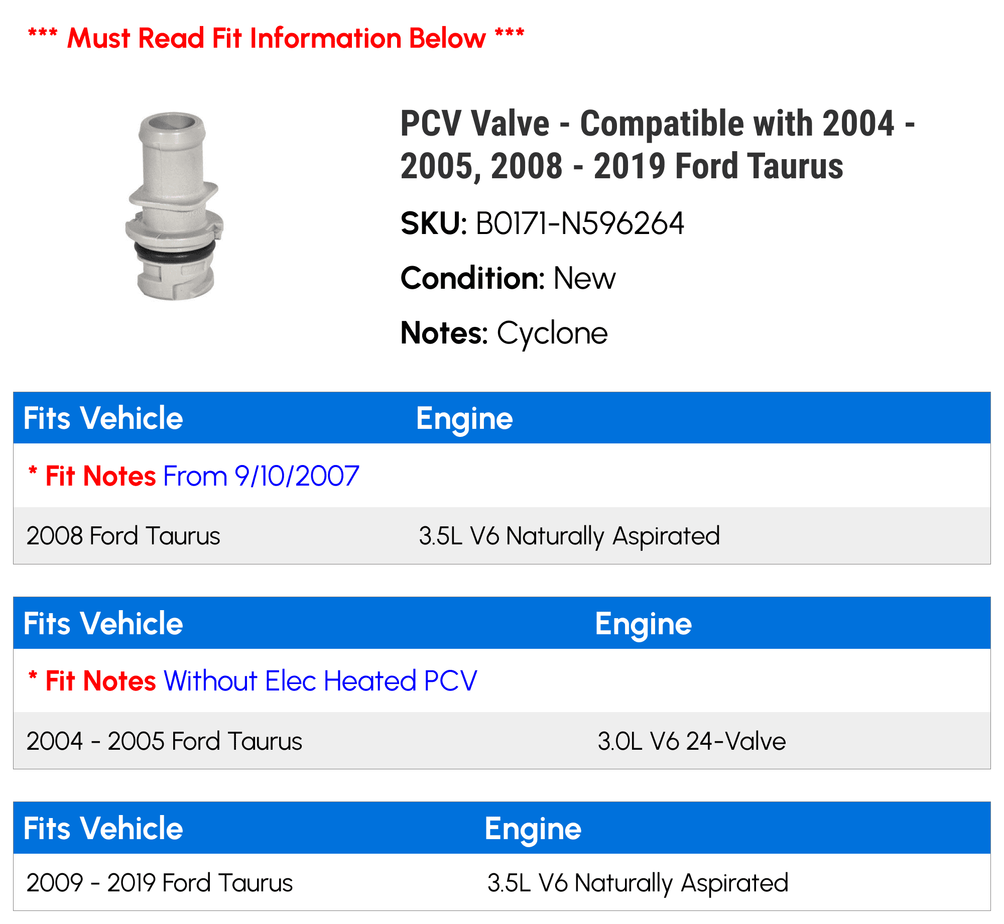 PCV Valve - Compatible with 2004 - 2005, 2008 - 2019 Ford Taurus 2009 2010 2011 2012 2013 2014 2015 2016 2017 2018