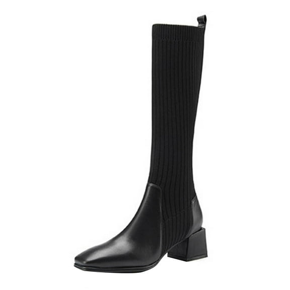 Black Feminine Mid Calf Knit Boots Thick Sole Elastic Design Thick Heel Mid Heel For Outdoor And Leisure Wear