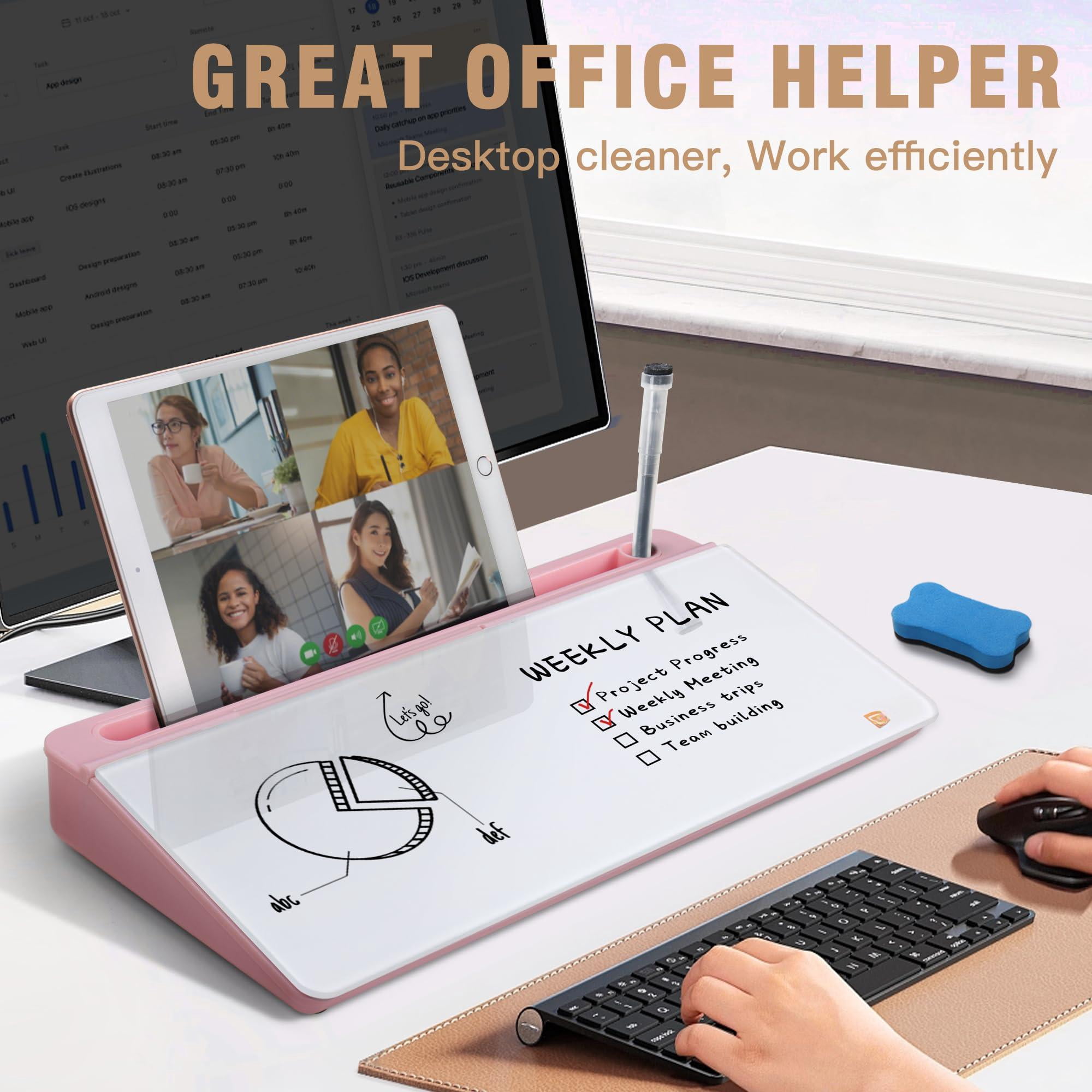 Desktop Glass Whiteboard With Organizer & Built-in Mirror - Small Dry Erase White Board Computer Pad Stand Markers  Eraser Holder For Women Pink