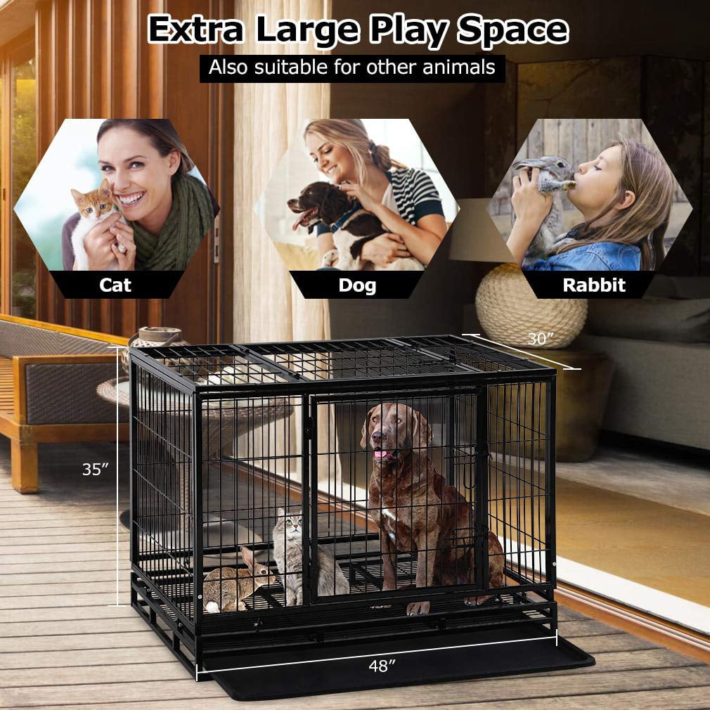 YRLLENSDAN 48 inch Dog Crate Dog Cage Dog Kennel for Large Dogs Heavy Duty Pet Playpen for Training Indoor Outdoor with Plastic Tray Double Doors & Locks Design