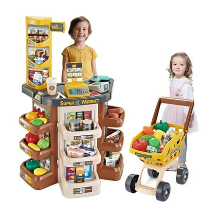 Supermarket Play Set, Pretend Play Grocery Shop Set - 47 Piece  Cash Register Credit Card Machine Scanner Shop Trolley and Food for Boys and Girls  3 Years by Valessati.