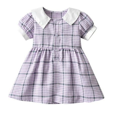 Zpanxa Kids Plaid Print Puff Sleeve Dress Girls Peter Pan Collar A-Line Sundress with Button Front for Daily Wear Purple 4 Years