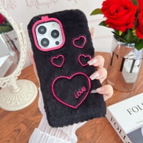Dteck for iPhone 11 Fur Case for Girls, Luxury Cute Warm Handmade Furry Fuzzy Fluffy Soft LOVE Fur Plush Protective Case Cover for Women,Black-Big Love