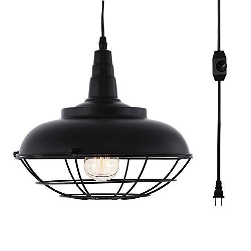 HMVPL Industrial Metal Cage Swag Pendant Light with Plug in Cord and Dimmer Switch, Hanging Ceiling Lamp for Dining Room Hallway Barn Garage, Black Finish
