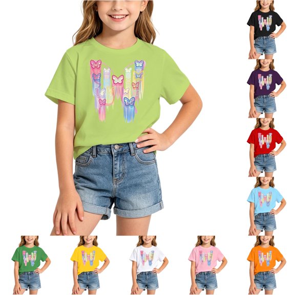 Gunia Little Girls T Shirts Cute Butterfly Graphic Short Sleeve Fashionable Casual Summer Stylish Everyday Tee Soft Blend Shirts For Kids Tops Light Green 6-8 Years