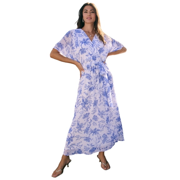 Roaman's Women's Plus Size Chiffon wrap Sleeve Maxi Dress