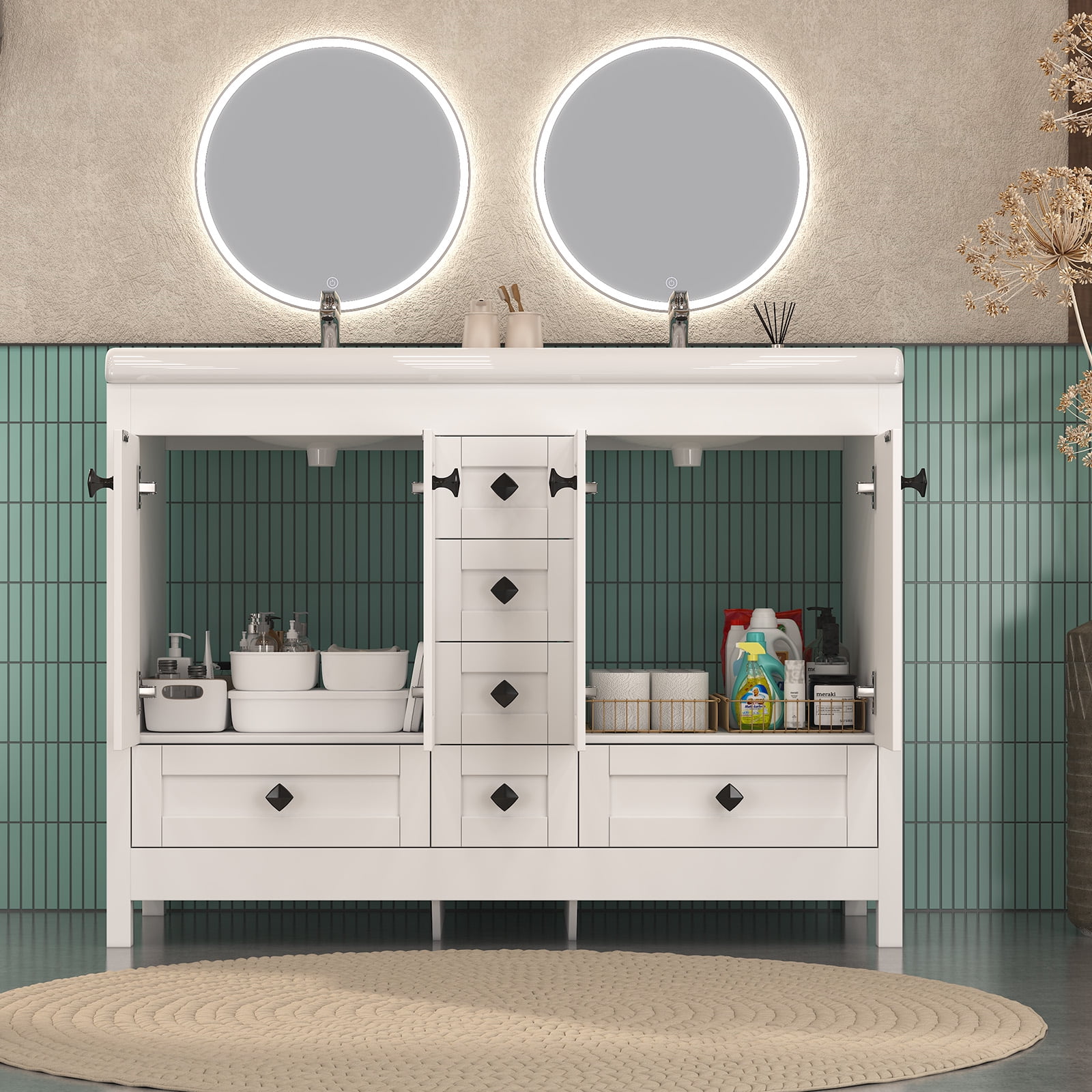 Jarbalai 47" Modern Double Sink Bathroom Vanity with 6 Drawers and Soft-Close Cabinet, White