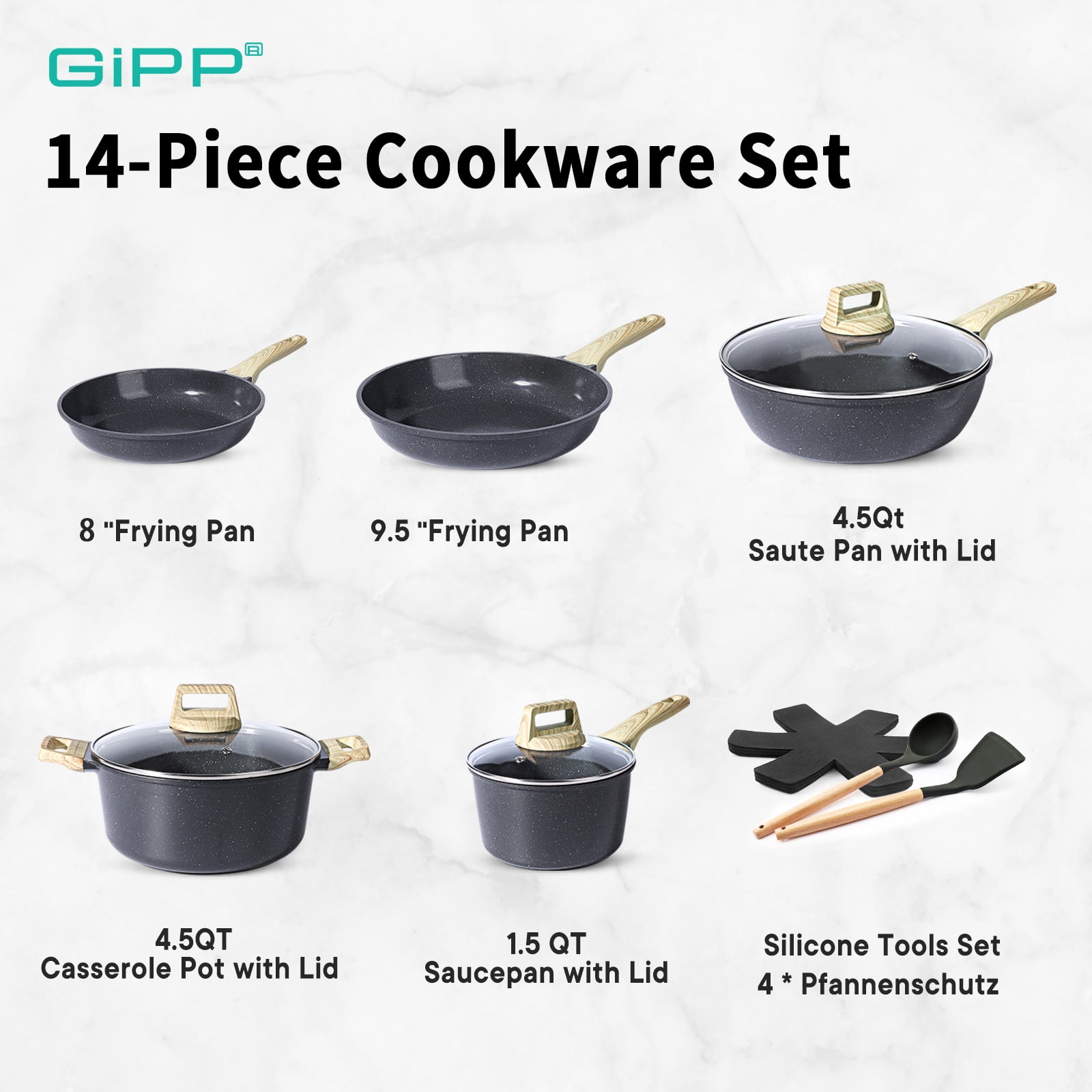 GIPP 10pcs Ceramic Coating Kitchen Cookware Sets,Pots and Pans Set Non stick,Dishwasher Safe Induction Cookware
