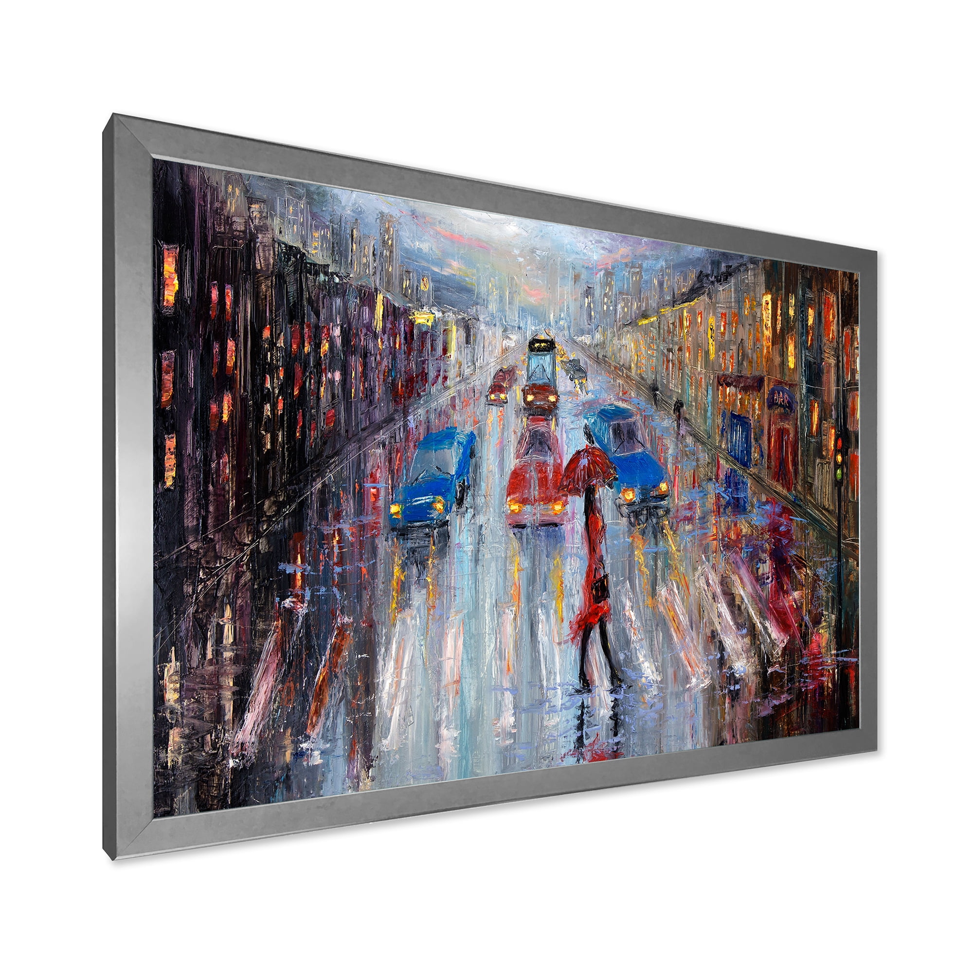 Designart 'Girl In Red Crossing The Street' Traditional Framed Art Print