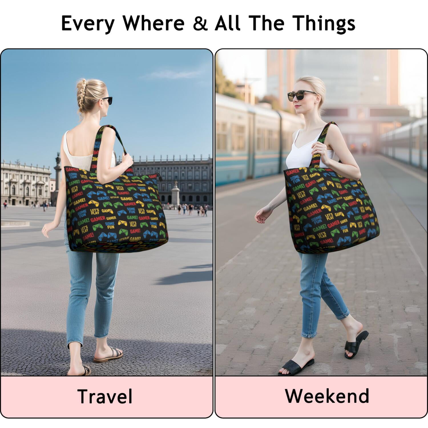 Multicolor Controllers Games Icons Black Pattern Travel Tote Bags for Women Carry On,Large Weekender Bags for Women Travel,Multi Functional Duffle Bag for Work,Shopping,Sports