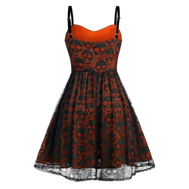 Mini vestido con cremallera y camisola sin mangas con retazos de malla de encaje de Halloween para mujer de talla grande Fridja hj2576