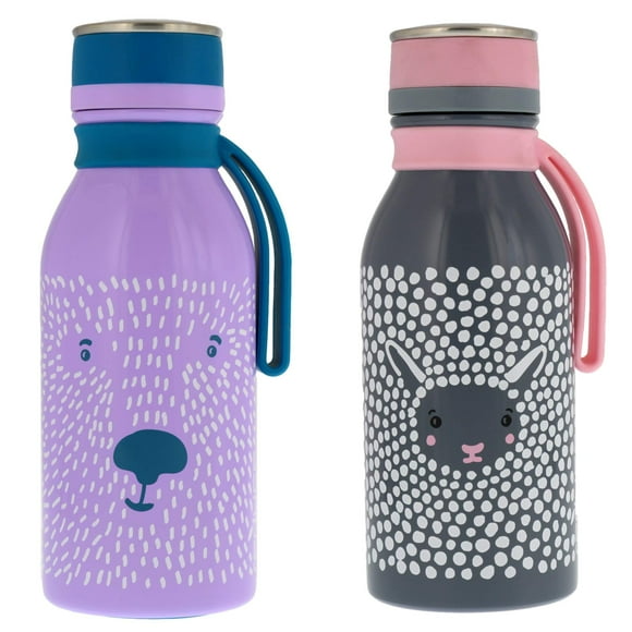 reduce Stainless Steel Hydro Pro Kids Water Bottle, 14oz - Vacuum Insulated Leak Proof Water Bottle for Kids - Great for On the Go and Lunchboxes - Furry Friends Design, Purple Bear and Grey Sheep