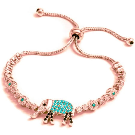 Pori Jewelers Turquoise CZ 18kt Rose Gold-Plated Sterling Silver Elephant Friendship Bolo Adjustable Bracelet