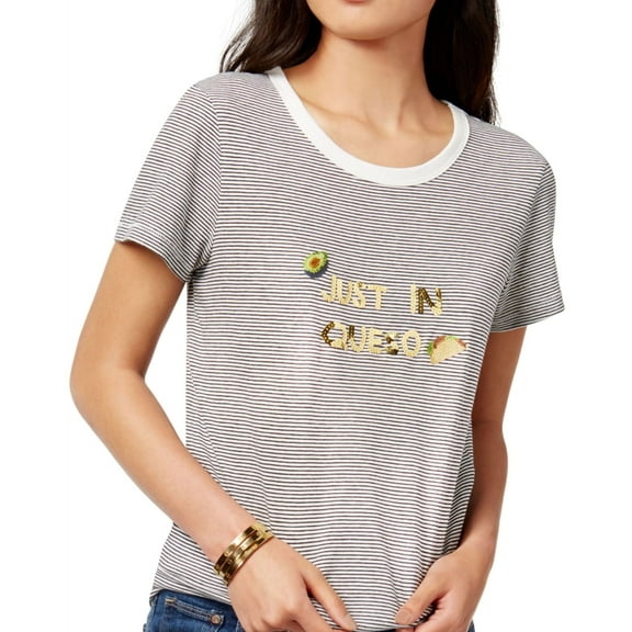 Bow & Drape Womens Juniors Just In Queso Festive Sequined Logo T-Shirt