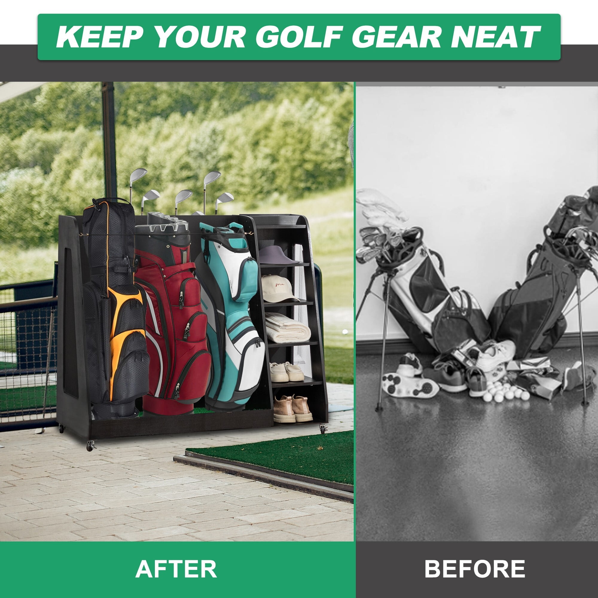 AENKYO Golf Bag Storage Rack Holds 3 Bags & 14 Clubs, with Shoe & Ball Storage, Sturdy Wood Sports Organizer, Black