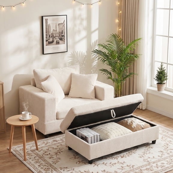 LEHZROAJ Oversized Upholstered Sofa with Ottoman,Comfy Corduroy Couch Pillows Deep Seat for Living Room,Bedroom(Beige)