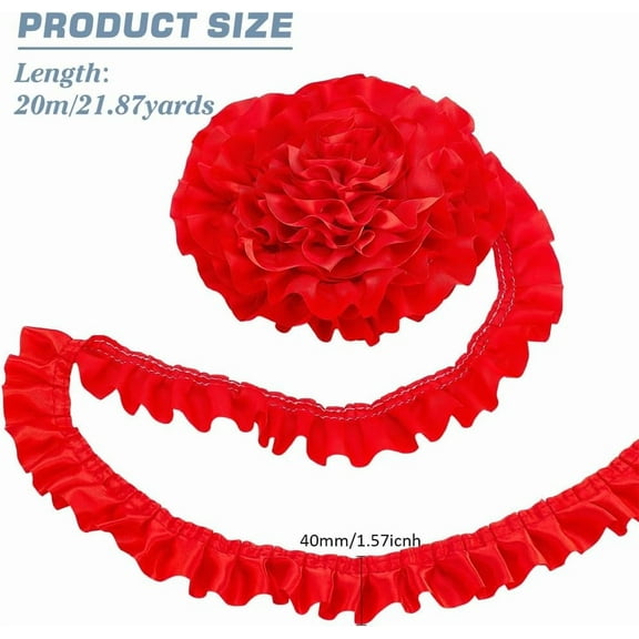 22 Yard Satin Ruffle Trim Fabric Trims 1.6 Inch Red Lace Ribbon Pleated Organza Lace Edge for Wedding Embellishments Valentine's Day Bridal Dress Applique Sewing Crafts Home Decor