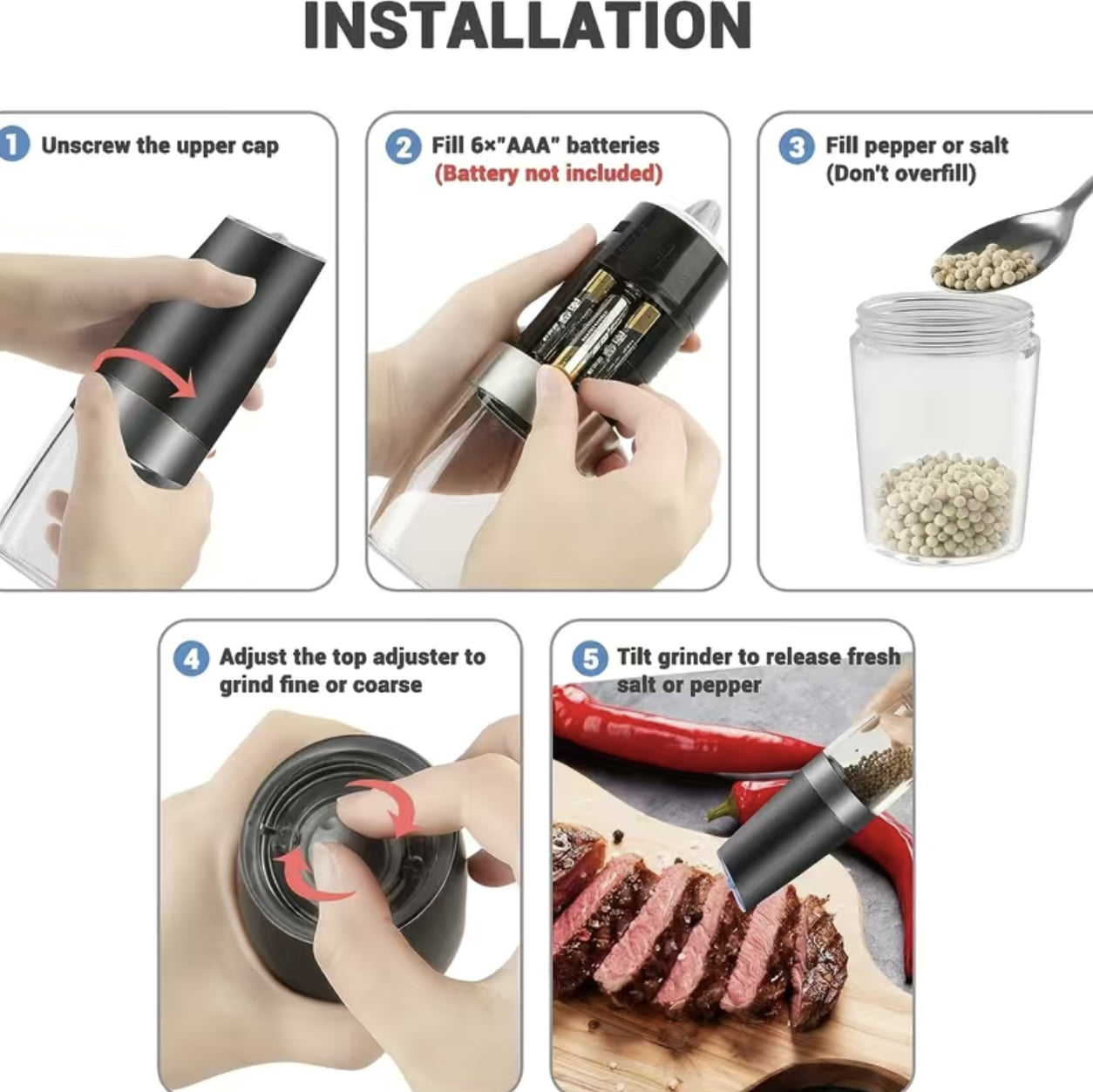 2pcs Set Gravity Electric Pepper Grinder, Salt Or Pepper Grinder And Adjustable Coarseness, Battery Operated With LED Light, One Hand Automatic Operation, Stainless Steel