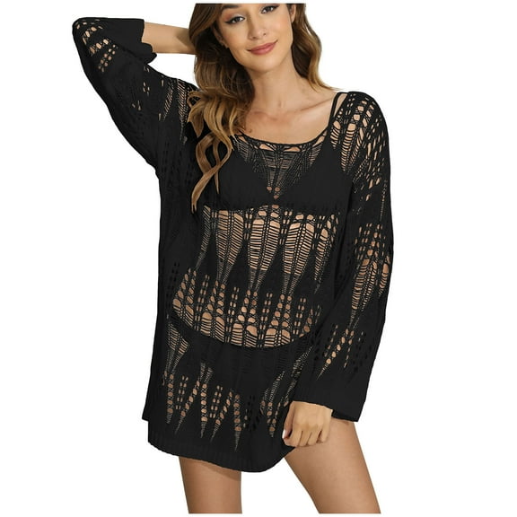 Virmaxy Womens Cover Ups Alluring One Neck Hollow Out Woven Shirt Beach Bikini Cover Ups Alluring One Line Neckline Hollowed Out Woven Shirt Beach Bikini Cover Up Black One Size