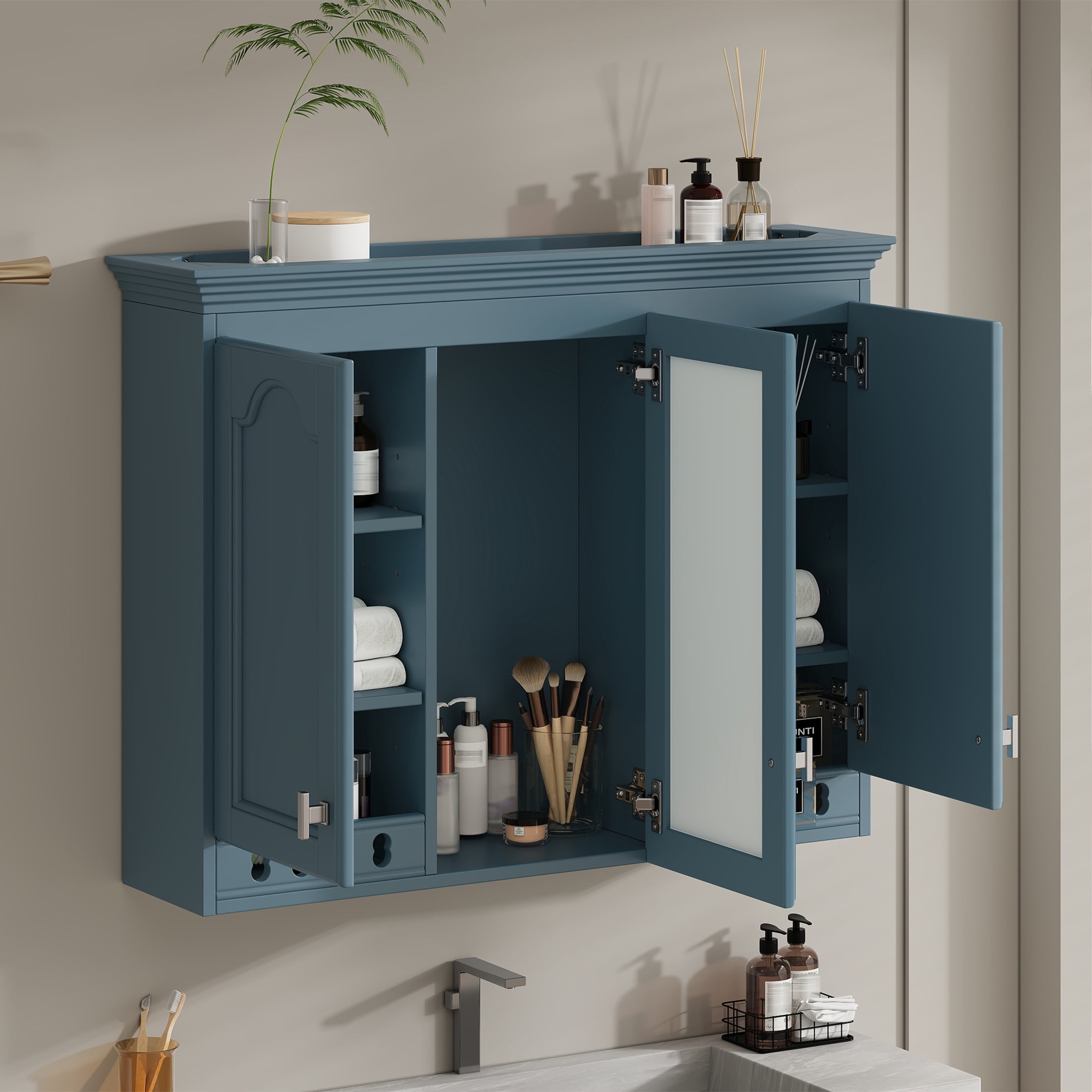 Noble House 35" Wall Mounted Mirror Cabinet with Adjustable Shelves, Soft-Close Hinges, Blue