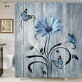 thumbnail image 2 of Rustic Farmhouse Floral Shower Curtain, Farm Boho Blue Daisy Spring Flowers and Butterfly on Country Wooden Shower Curtain for Bathroom, Wildflower Curtain with 12PCS Hooks, 47X64IN White Black, 2 of 5