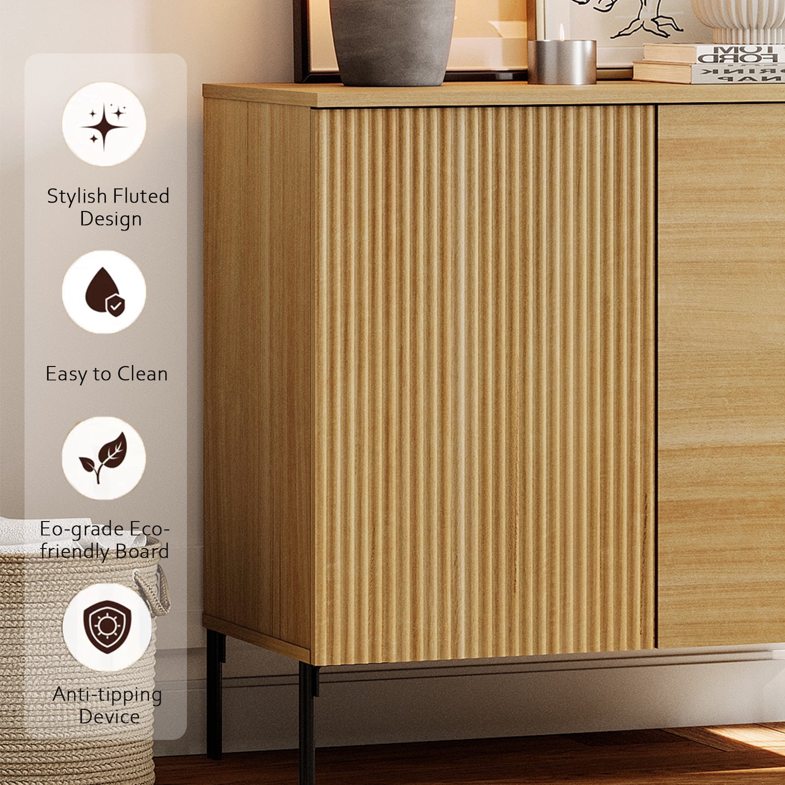 31.5" Wooden Reeded Sideboard with 2 Doors, Modern Credenza Storage Cabinet for Kitchen, Dining Room