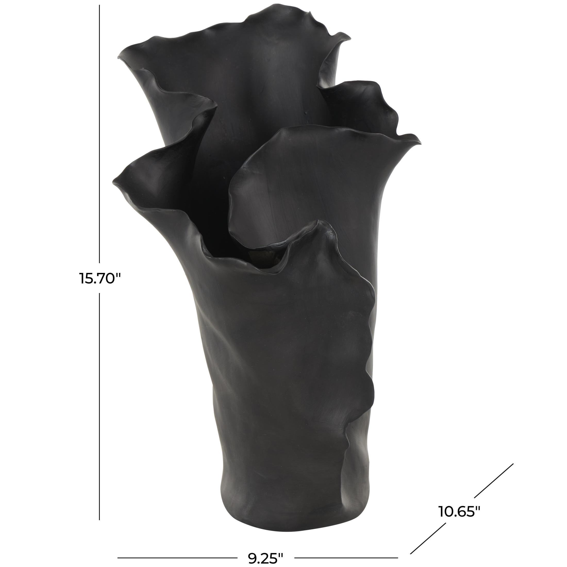 DecMode 16" Abstract Floral Inspired Black Ceramic Vase with Wavy Folded Rim