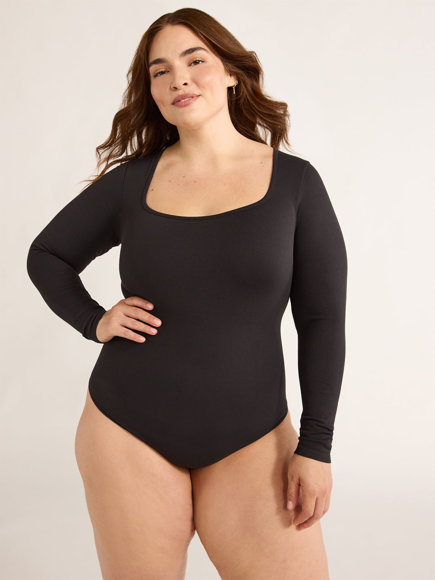 Joyspun Women's Seamless Slimming Square Neck Bodysuit with Long-Sleeves, 2-Pack, Sizes S-XXXL