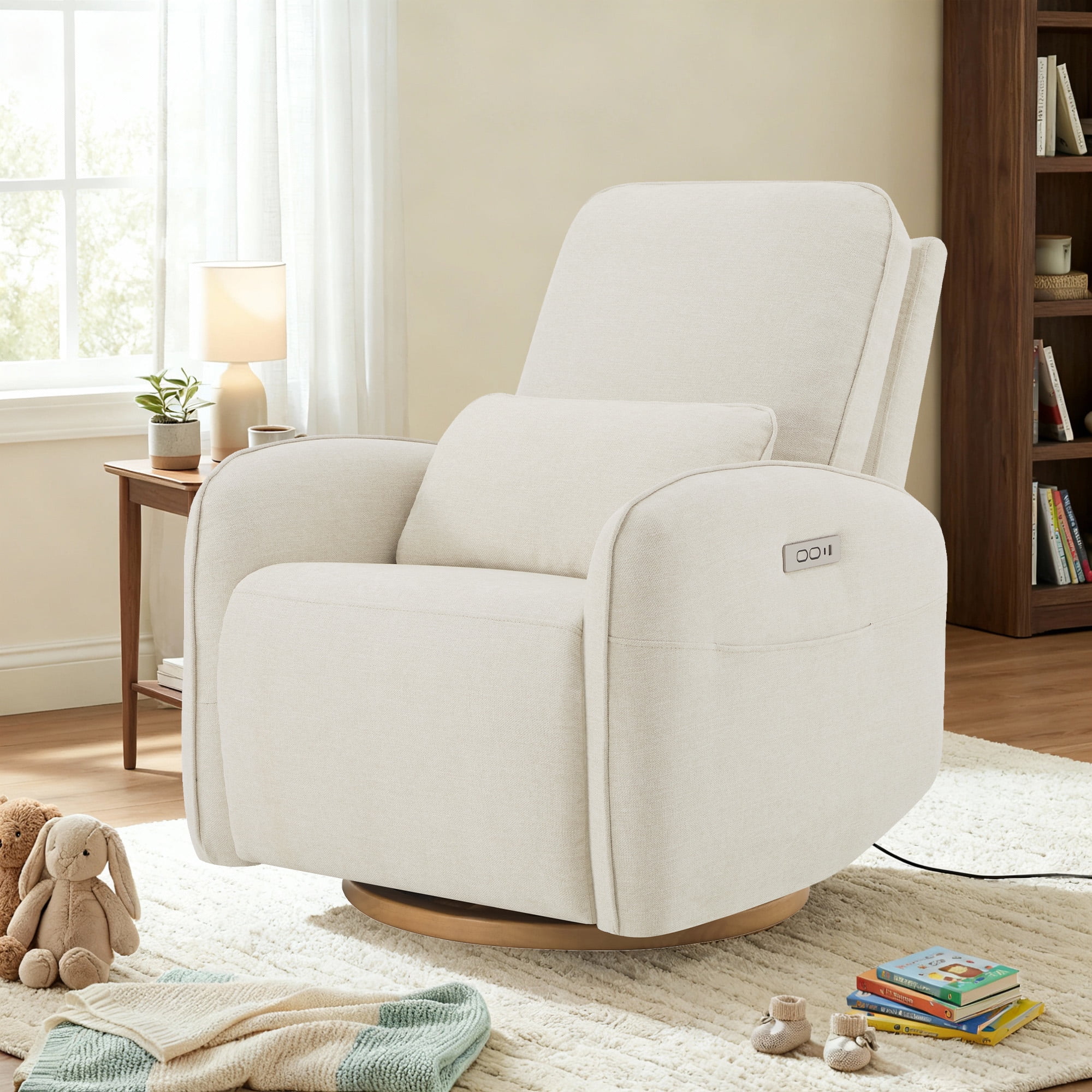 Spruce & Spring Power Swivel Nursery Glider with Lumbar Pillow and Charging Port for Living Room, Linen