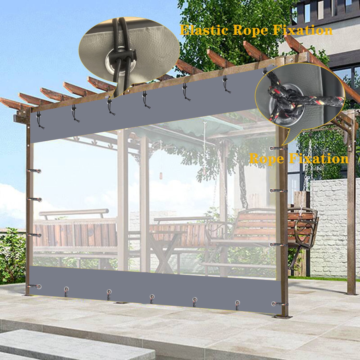 3x2m Clear PVC Outdoor Curtain Waterproof Transparent Patio Panel Windproof UV-Resistant Tarp for Pergola/Gazebo/Porch