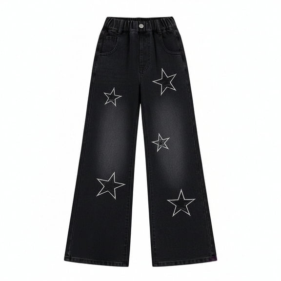 EnJoCho Girls Cute Star Print Baggy Denim Pants Elastic Waist Pull On Jeans Straight Wide Leg Casual Trousers for Kids 6-14 Years Stretch Comfortable Pants Jeans Loose Fit Fashion Trendy