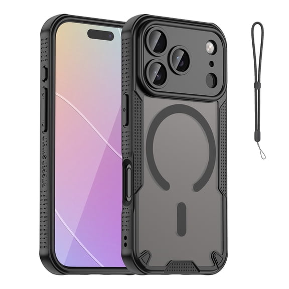 Mynvo Case for iPhone 17 Pro with Wrist Strap, Support Wireless Charging Matte Hard PC TPU Slim Lightweight Protective Rugged Shockproof Magnetic Back Cover for Women Men, Black