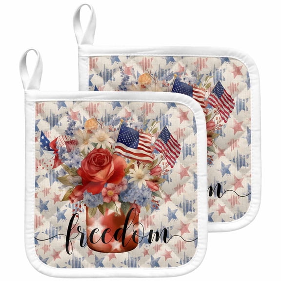 4th of July Blue Red Pot Holders for Kitchen Heatproof Potholder, 2 Pack Star Watercolor Floral American Flag Hot Pads Multipurpose Oven Pads Cloth Potholders Trivet for Cooking and Baking