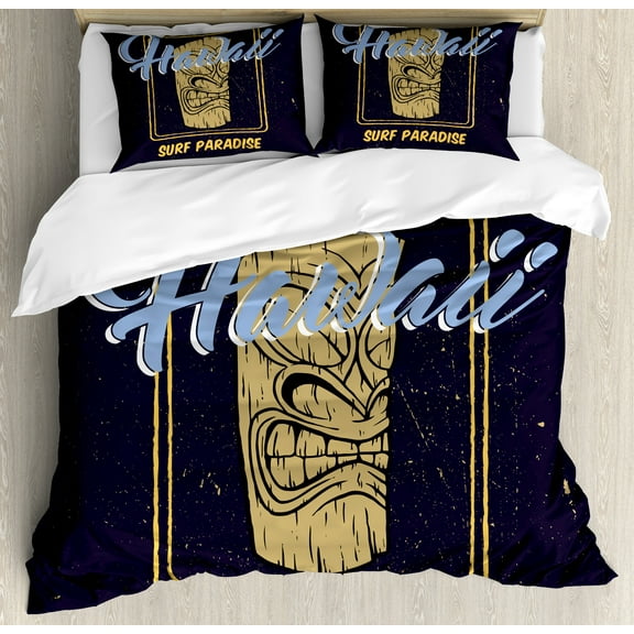 Ambesonne Tiki Bar Duvet Cover Set, Aloha Hawaiian, King, Indigo Apricot Pale Blue
