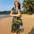 thumbnail image 4 of Gukieu Cozy Cottage Lakeside Sunset Print Women's Short Sleeve Dress, Elastic Waistband A-line with Pockets Summer Dress, Suitable for Daily Leisure, Work, Vacation, 4 of 6