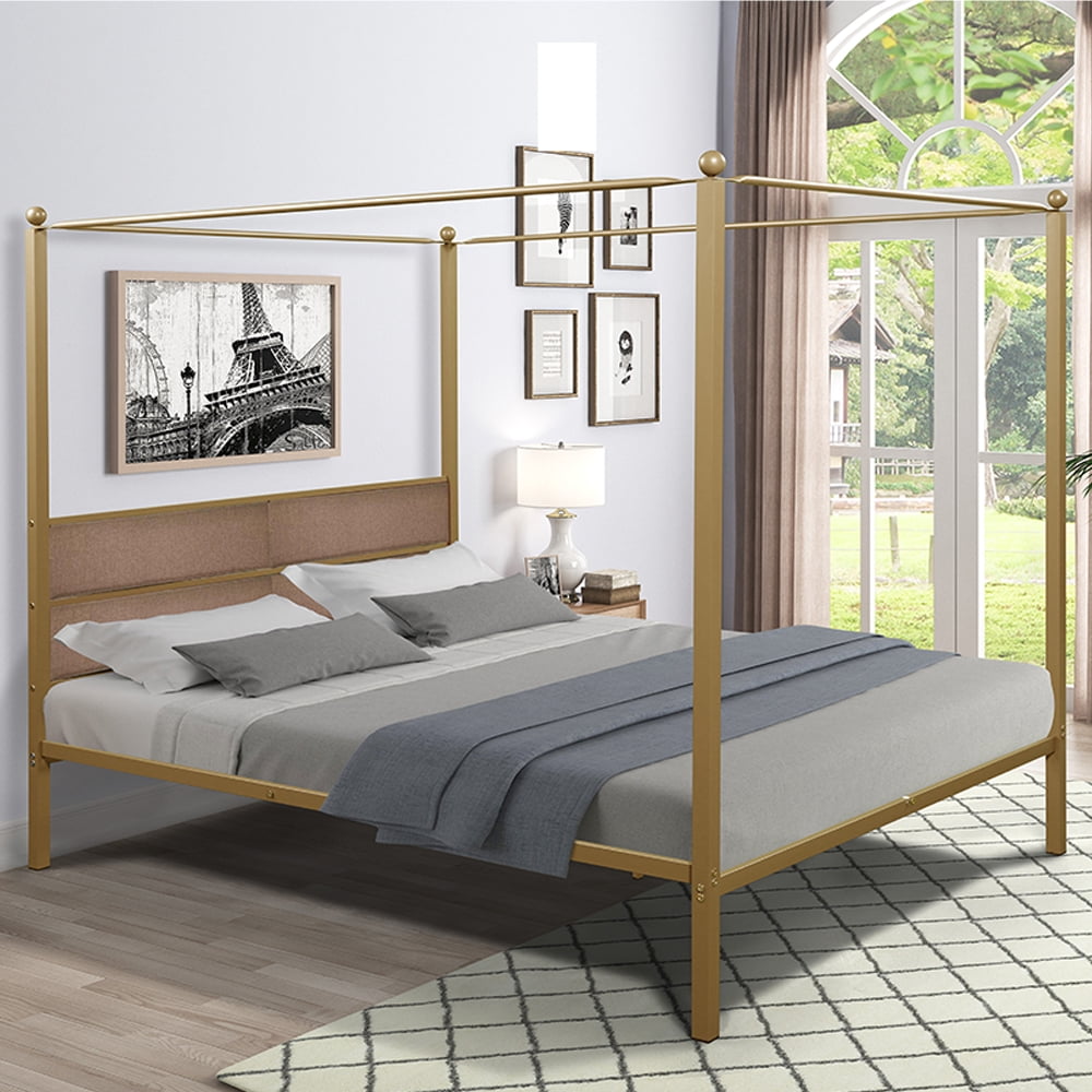 Metal Canopy Bed Frame Queen Size with Headboard, Stylish Style Sturdy