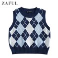 thumbnail image 1 of ZAFUL Women Casual Rib Trim Argyle Crop Sweater Vest Deep Blue S, 1 of 5