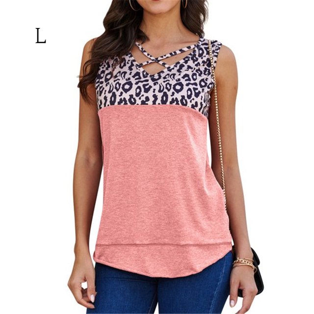 Camiseta sin mangas con cuello en V y estampado de leopardo para mujer, camiseta sin mangas de verano, rosa, L Sweethay AP002393-08