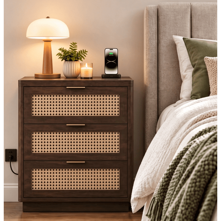 Biemlerfn Nightstand with Charging Station, Walnut Rattan photo 1