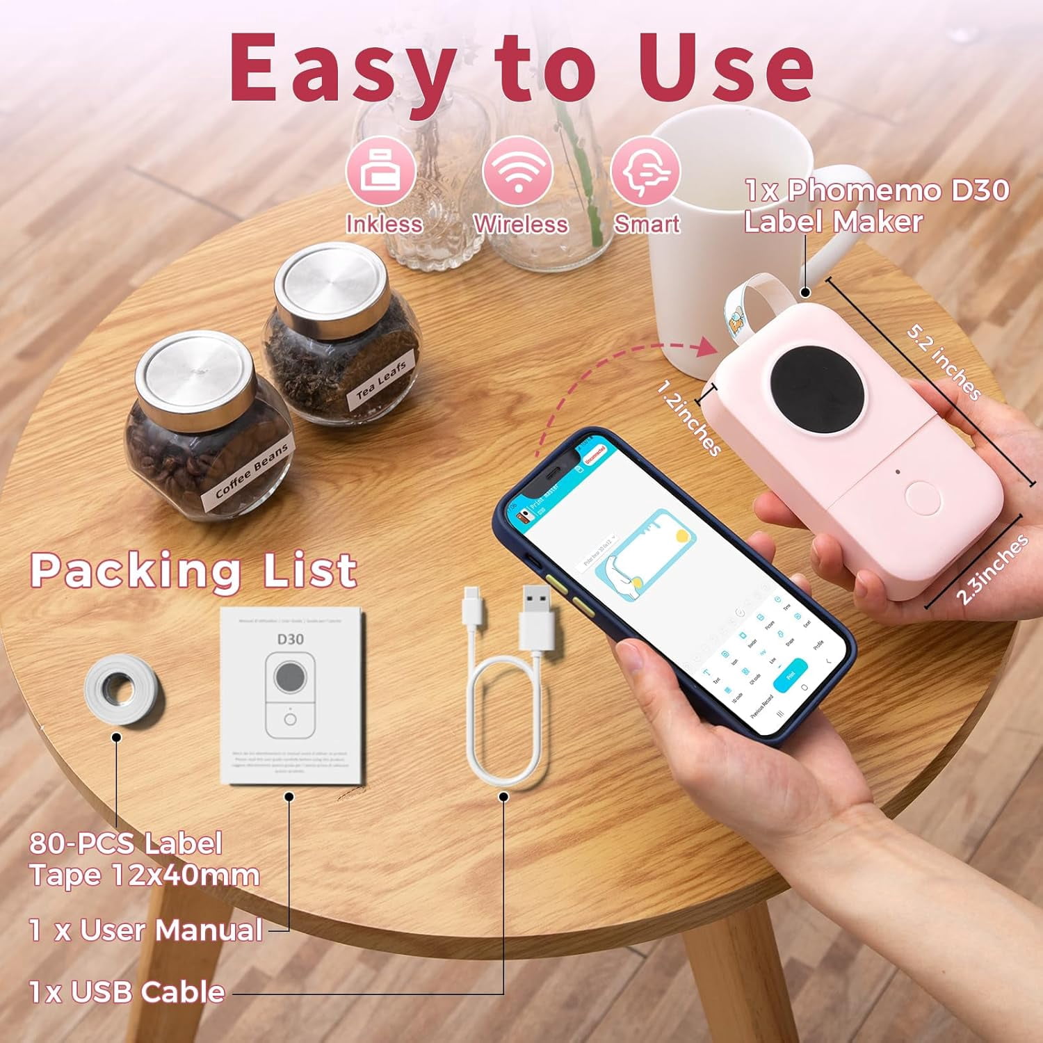 Phomemo D30-PK Pink Thermal Label Maker Machine Bluetooth