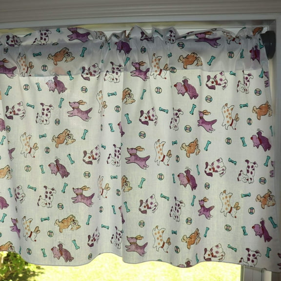 Cotton Window Valance Animal Print 58 Inch Wide Puppies Chase Ball and Bone Purple on White