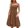 thumbnail image 3 of ZVAVZ Robes d'Été pour Femmes 2025 Vacances Maxi, Robe à Bretelles Spaghetti Smockée Couleur Unie Boho Décontractée Midi Khaki,G, 3 of 7