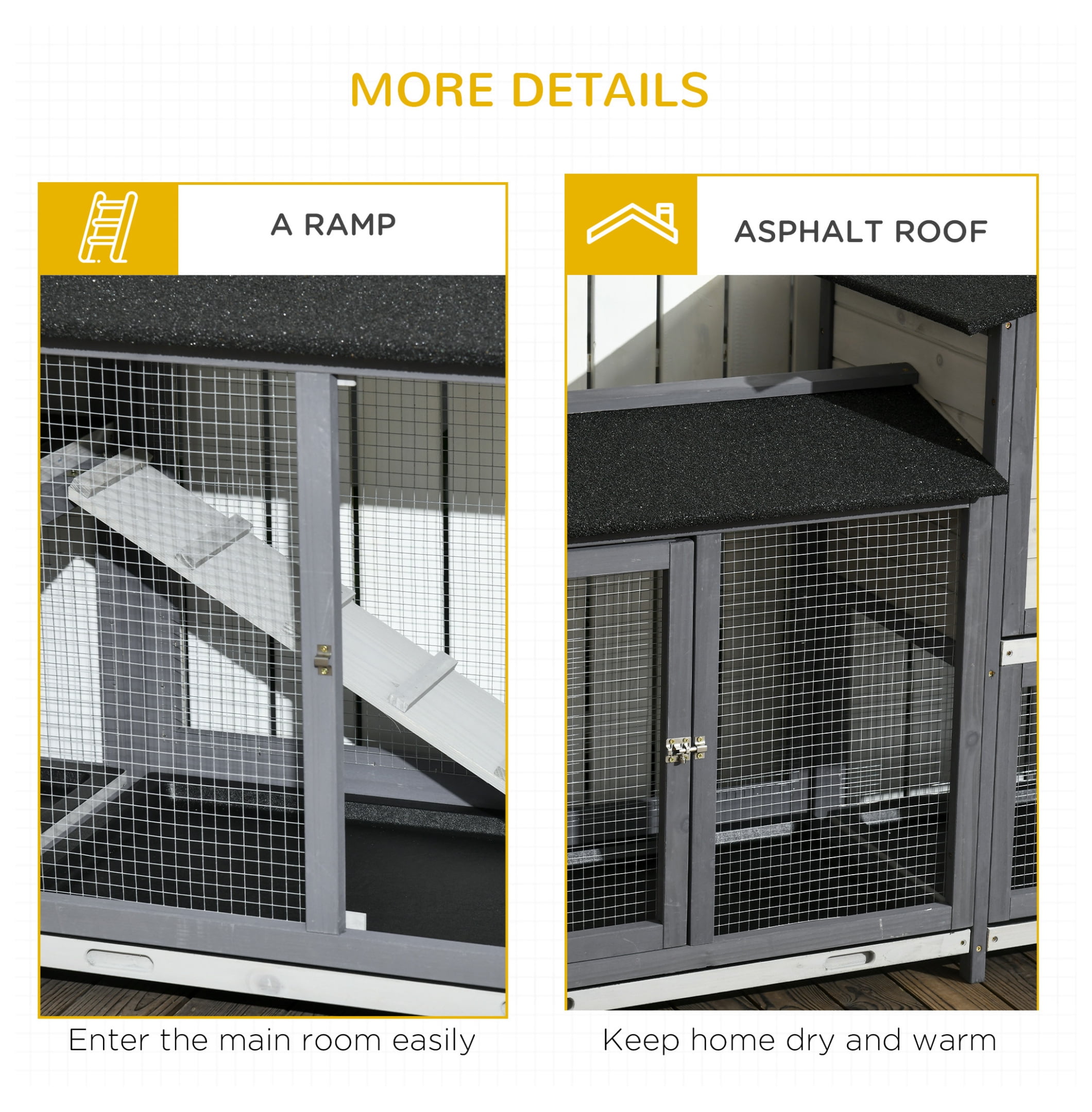 Rabbit Hutch 90.5" Wooden Bunny Cage - Double Run Boxes, Ramp, Pet Playpen for Guinea Pig & Small Animals, Light Gray