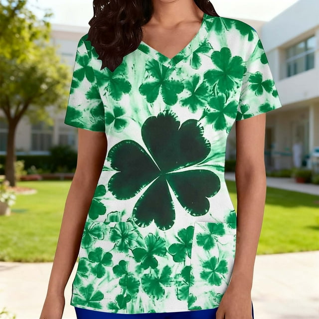 Xuyuer St Patrick's Day V Neck Shirts for Womens Irish Shamrock Graphic Tee Funny Lucky Heart Printed Short Sleeve Shirts Tops Women's V Neck T Shirts Casual Short Sleeve Summer Tops Loose Fit