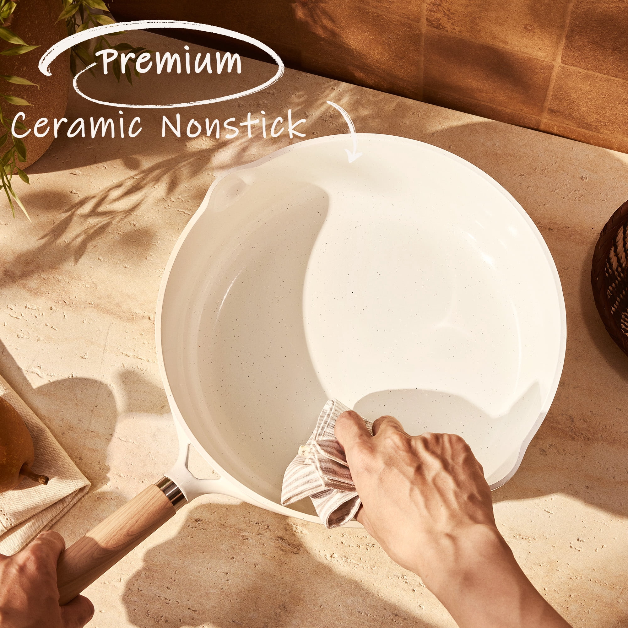 Carote 11" Ceramic Nonstick Saute Pan with Lid Cover Non-Stick Deep Frypan With Induction, Bon Appetit, White Granite, 5QT